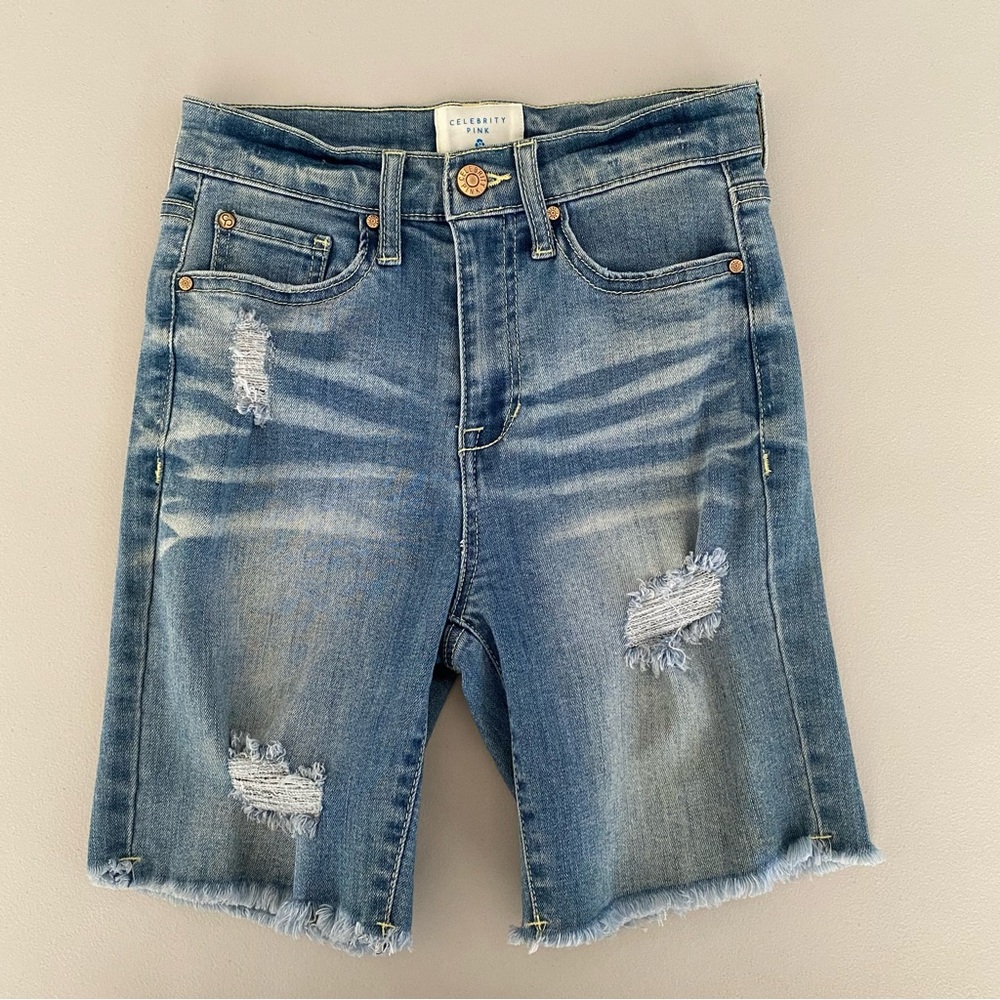Celebrity Pink Light Wash Distressed Ripped Bermuda Denim Jean Shorts Size 0/ 24